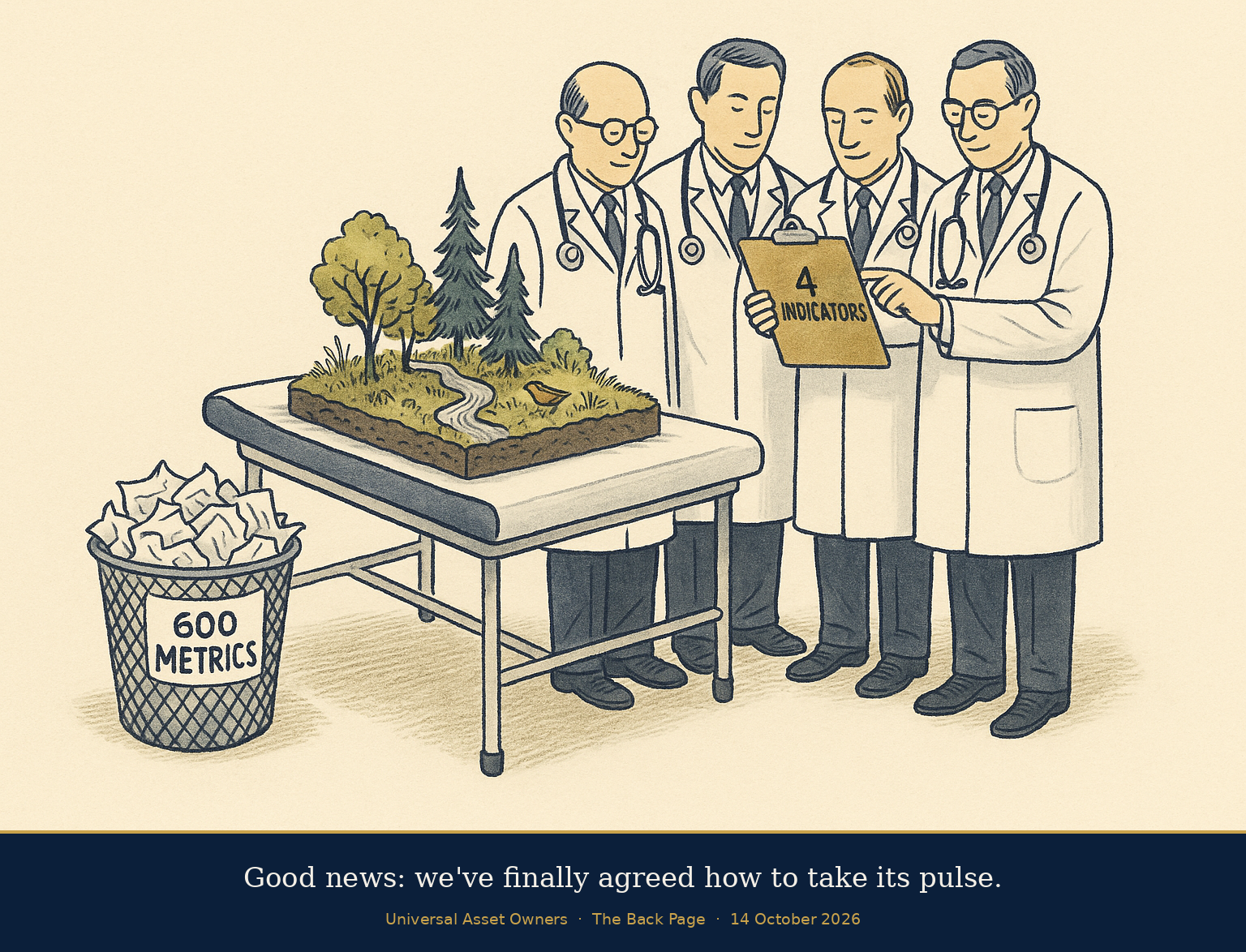 Editorial cartoon: four doctors in white coats examine a small patch of forest on an examination table, holding a clipboard reading 4 INDICATORS, while a waste-paper basket overflows with 600 METRICS. Caption: Good news: we've finally agreed how to take its pulse.