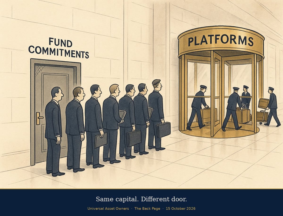 Editorial cartoon. Caption: Same capital. Different door.