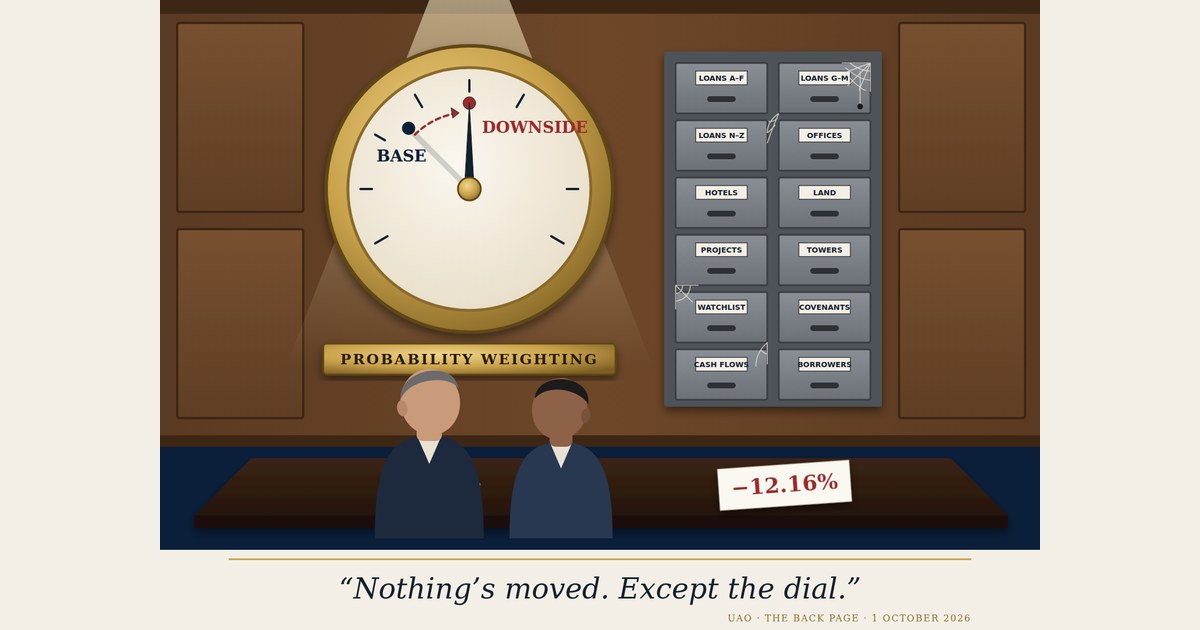 Satirical drawing of a trustee board watching a wall-sized bond screen flash while, beside it, a valuation committee seals an envelope marked private. Caption: One of these numbers is checkable.