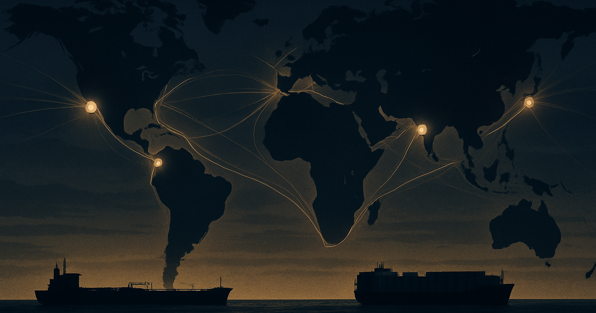 Global maritime chokepoints and shipping lanes at dusk