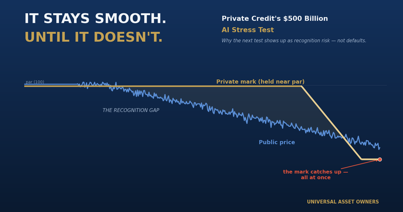 A private credit mark holds smooth near par while the public price erodes — then drops to meet it all at once.
