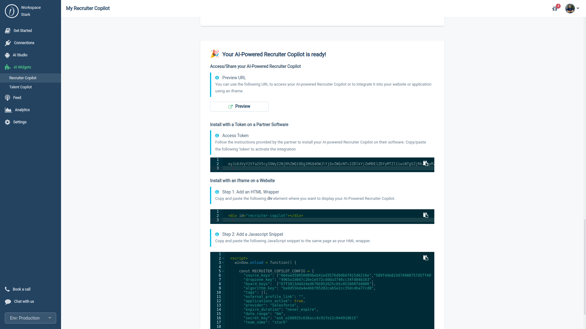 HrFlow.ai Workspace > AI Widgets > Recruiter Copilot > Deploy