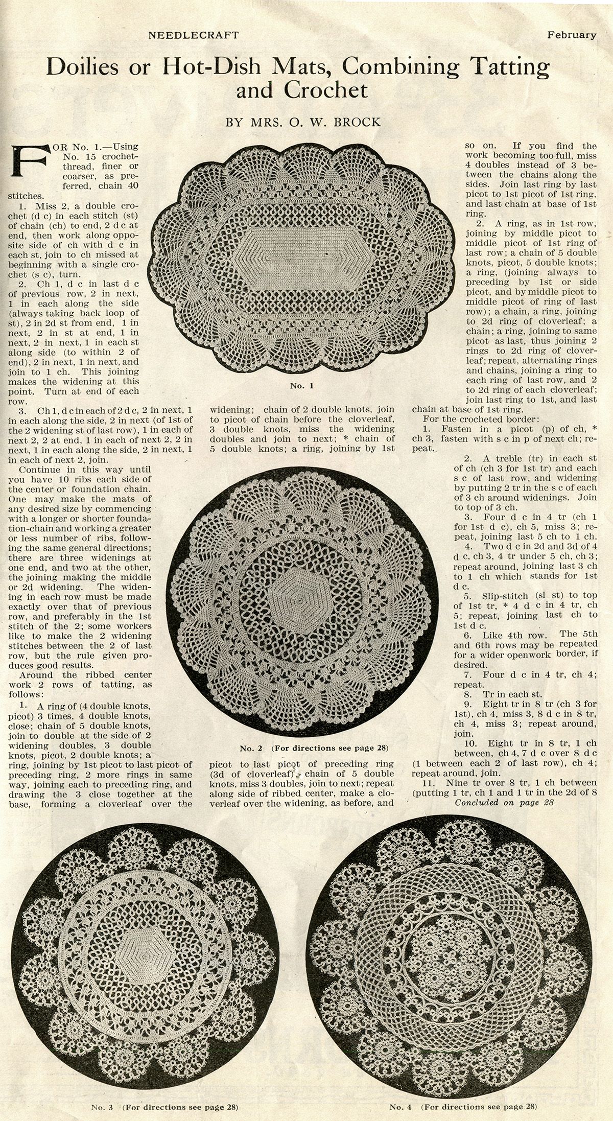 4 Antique Crochet Patterns Doilies Hot Dish Mats Tatting