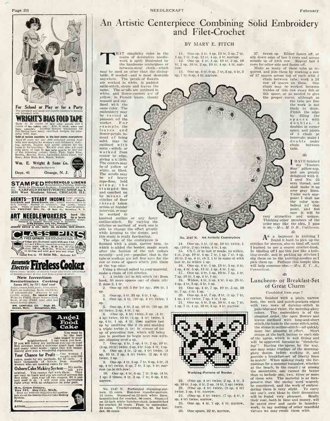 An Artistic Centerpiece Combining Solid Embroidery Filet Crochet Mary Fitch Feb 1923 Needlecraft Article Webres