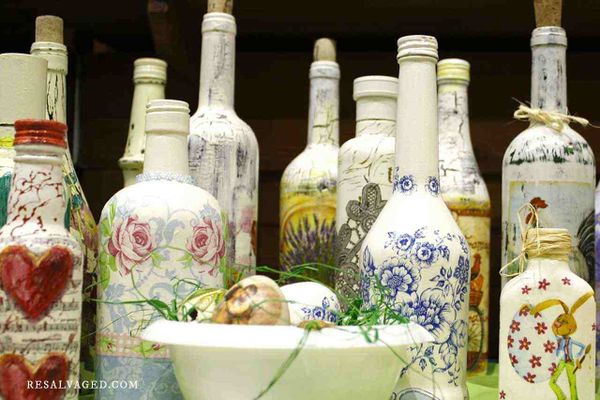decoupaged and painted bottles collection