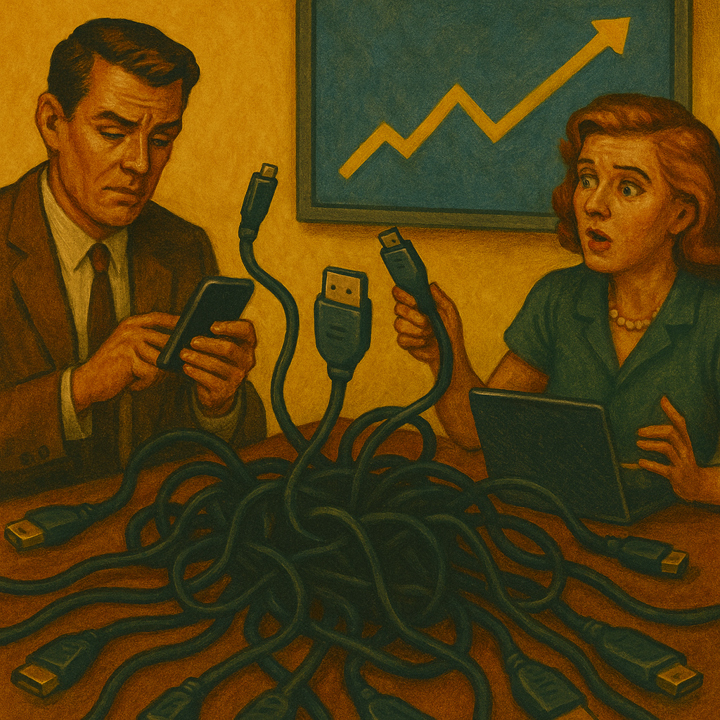 Cinematic ilustration of office workers dealing with tangled, random phone and laptop charging cables, symbolizing pre-USB-C chaos