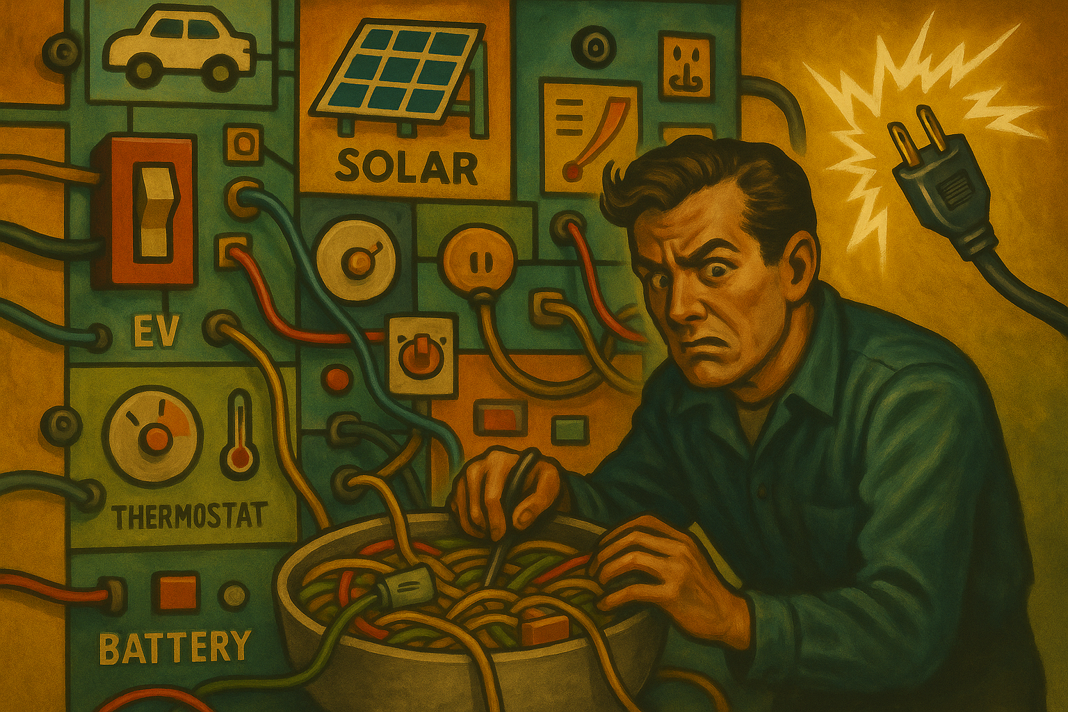 Cinematic illustration of an engineer dealing with the chaos of connecting many distributed energy resources (DER)