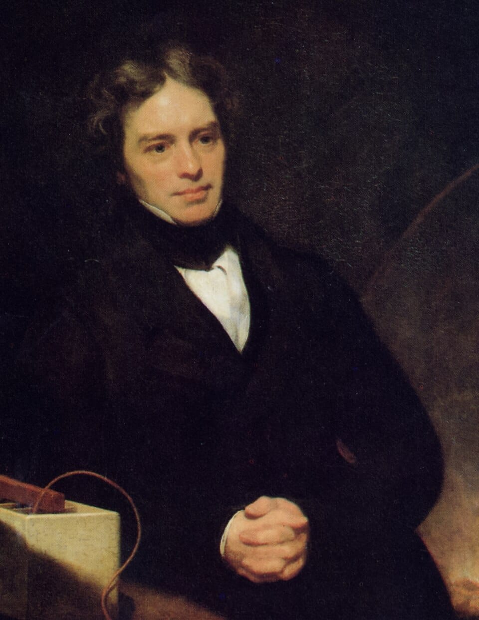 Oil portrait of Michael Faraday in early Victorian attire.