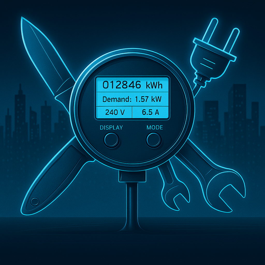Tron-style illustration of a smart electricity meter acting as 'swiss army knife' for distributed energy resource management (DERMS)