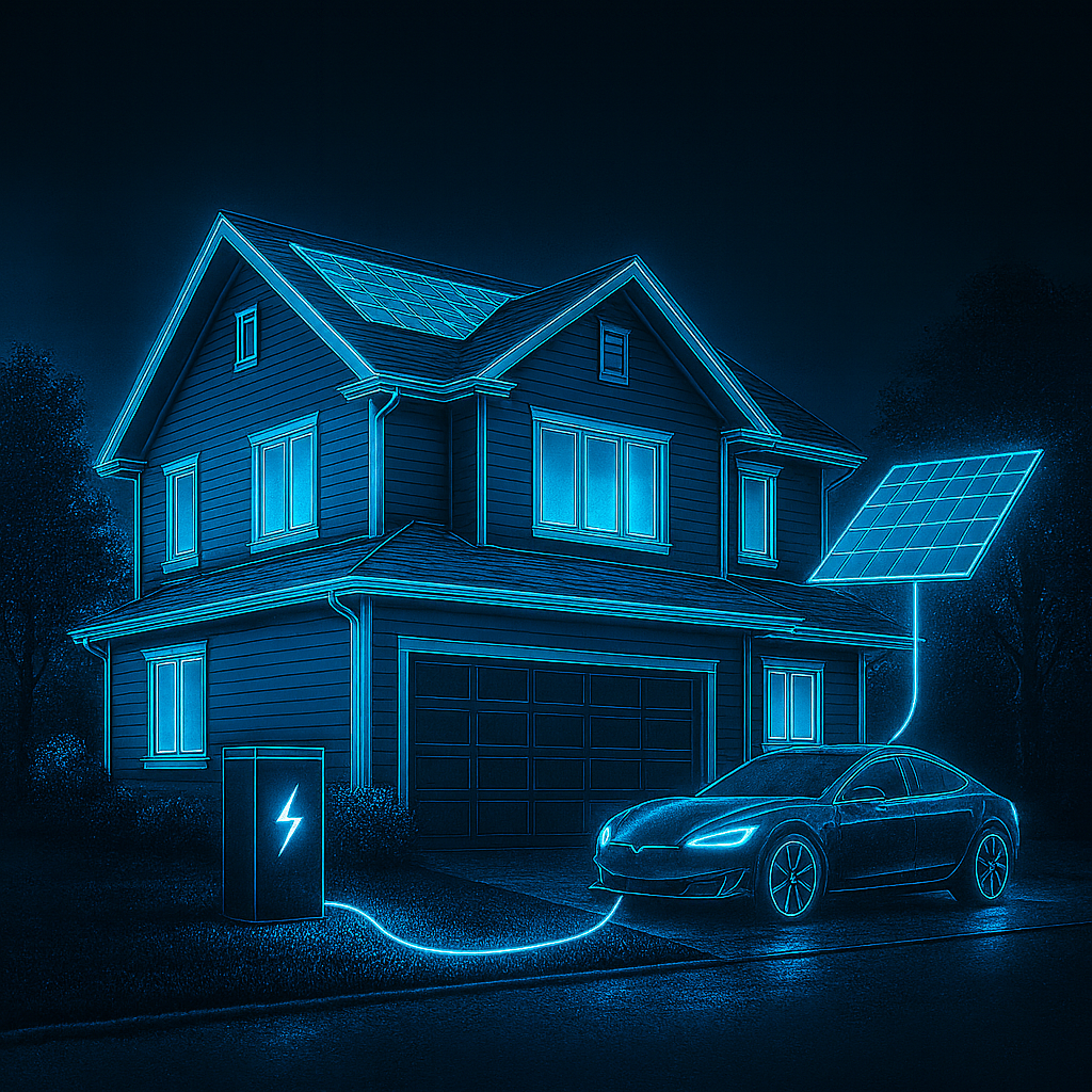 Tron-style illustration of a smart home connected to EV, solar and battery showing grid orchestration.