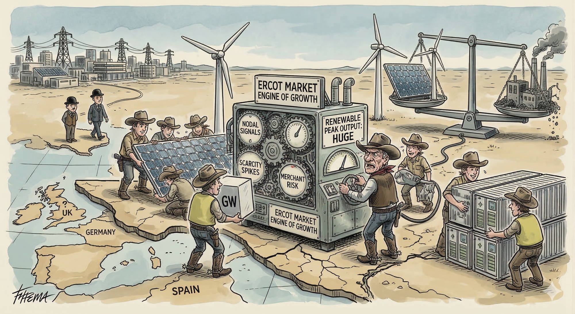 Editorial cartoon of the ERCOT market "Engine of Growth" machine. Texas cowboys install solar panels and battery storage while a balance scale shows solar power surpassing coal, with wind turbines and a map comparing Texas to Europe in the background.