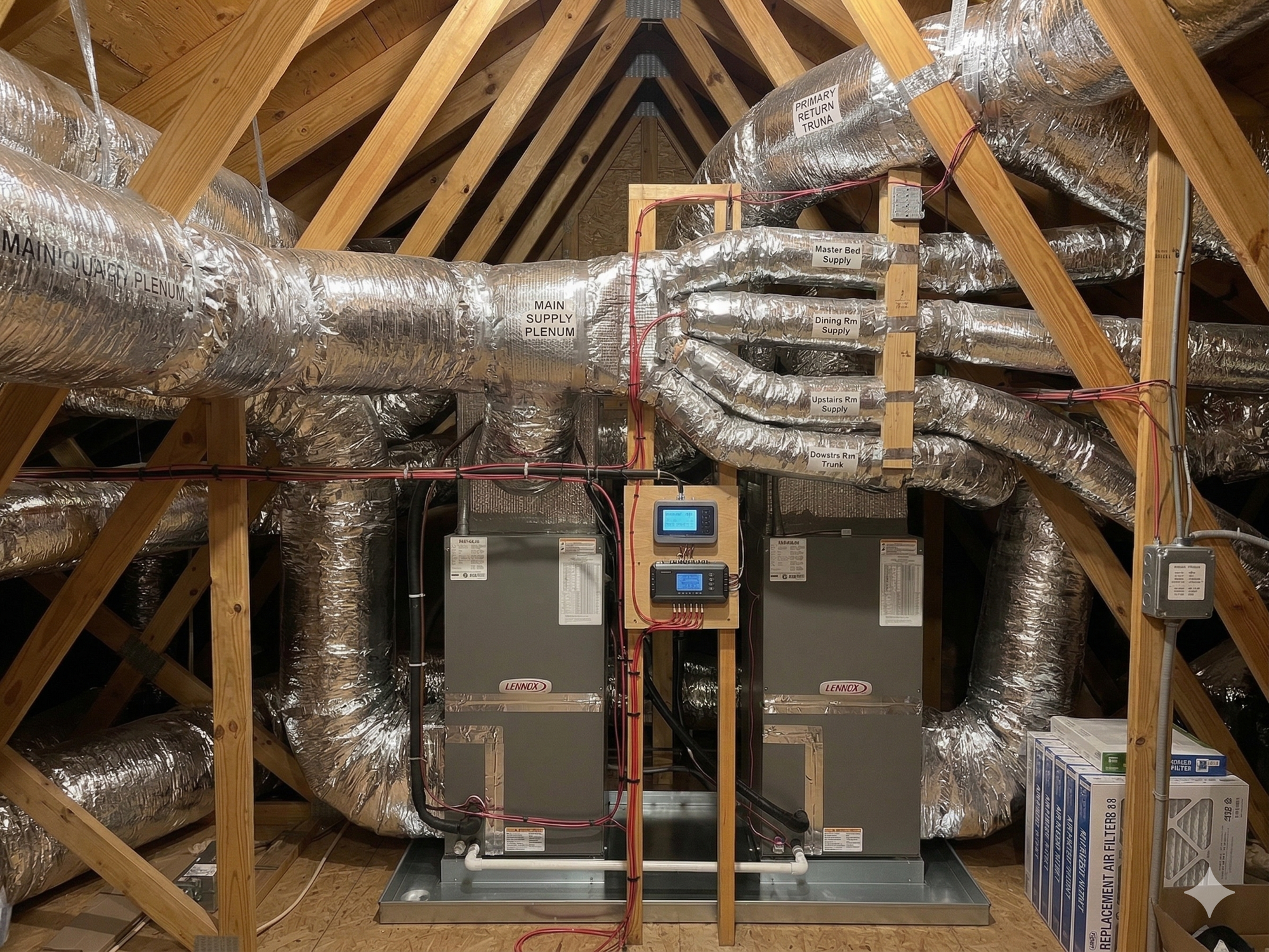 Attic ductwork and air handler showing a residential heat pump HVAC system in a US home