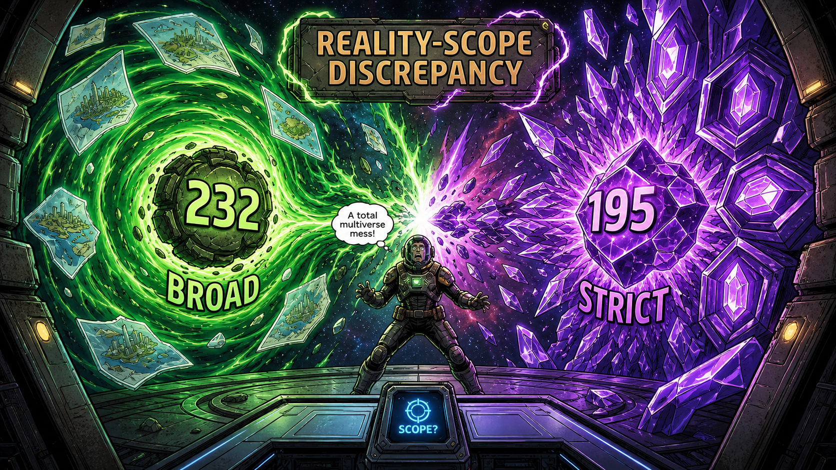 Comic-style illustration showing a 232-count broad AI country list clashing with a 195-count strict country list, highlighting how scope definitions can create data errors.
