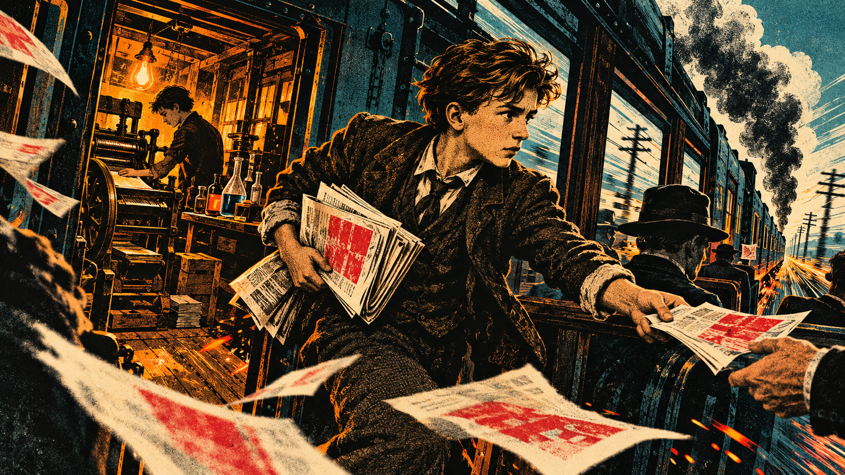 Young Thomas Edison sells newspapers aboard a moving train while operating a printing press and makeshift laboratory.