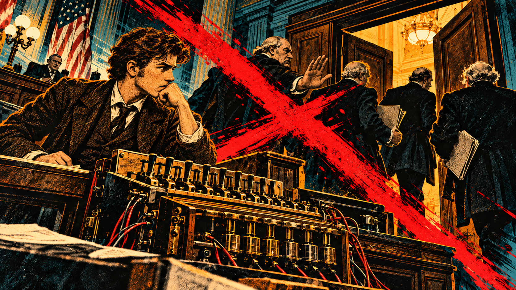 Young Thomas Edison beside his rejected electric vote recorder as lawmakers walk away beneath a red cross.