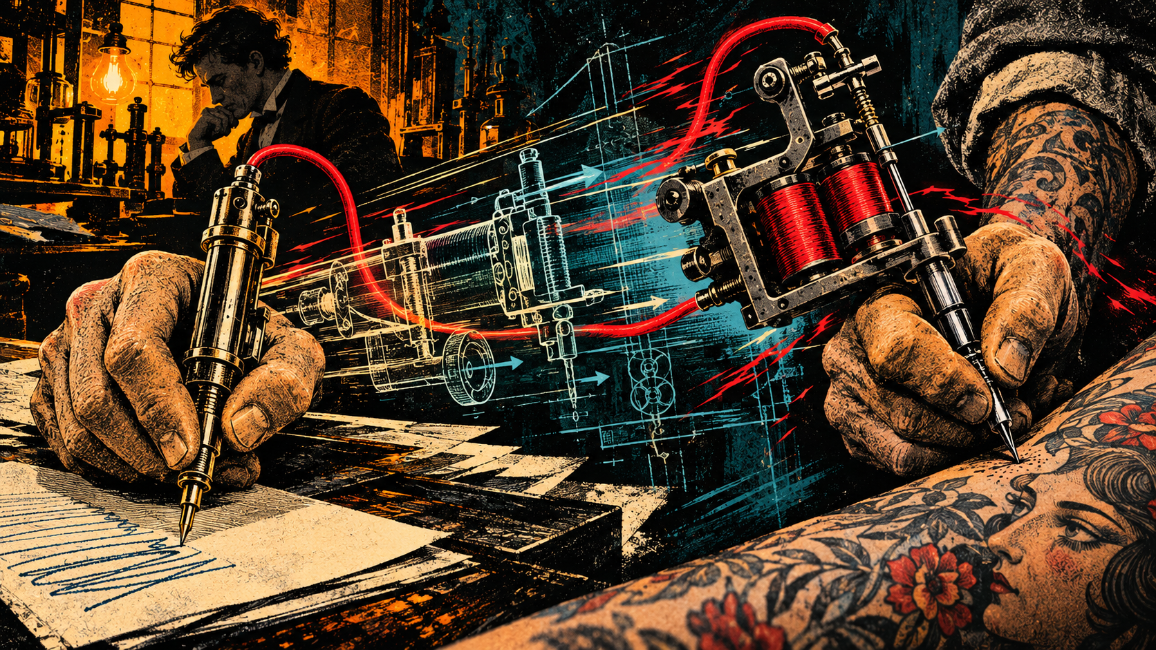 Thomas Edison’s electric pen transforms into an early tattoo machine, connected by a red electrical cable.