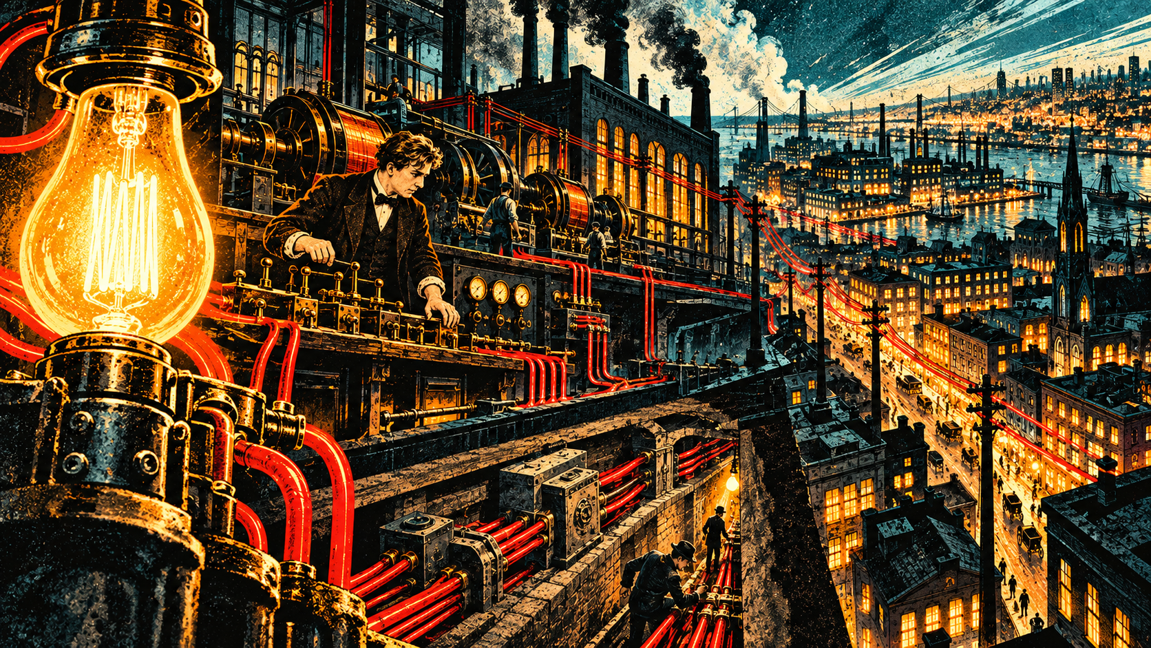Thomas Edison operates a power station as electric cables connect a glowing light bulb to a citywide lighting system