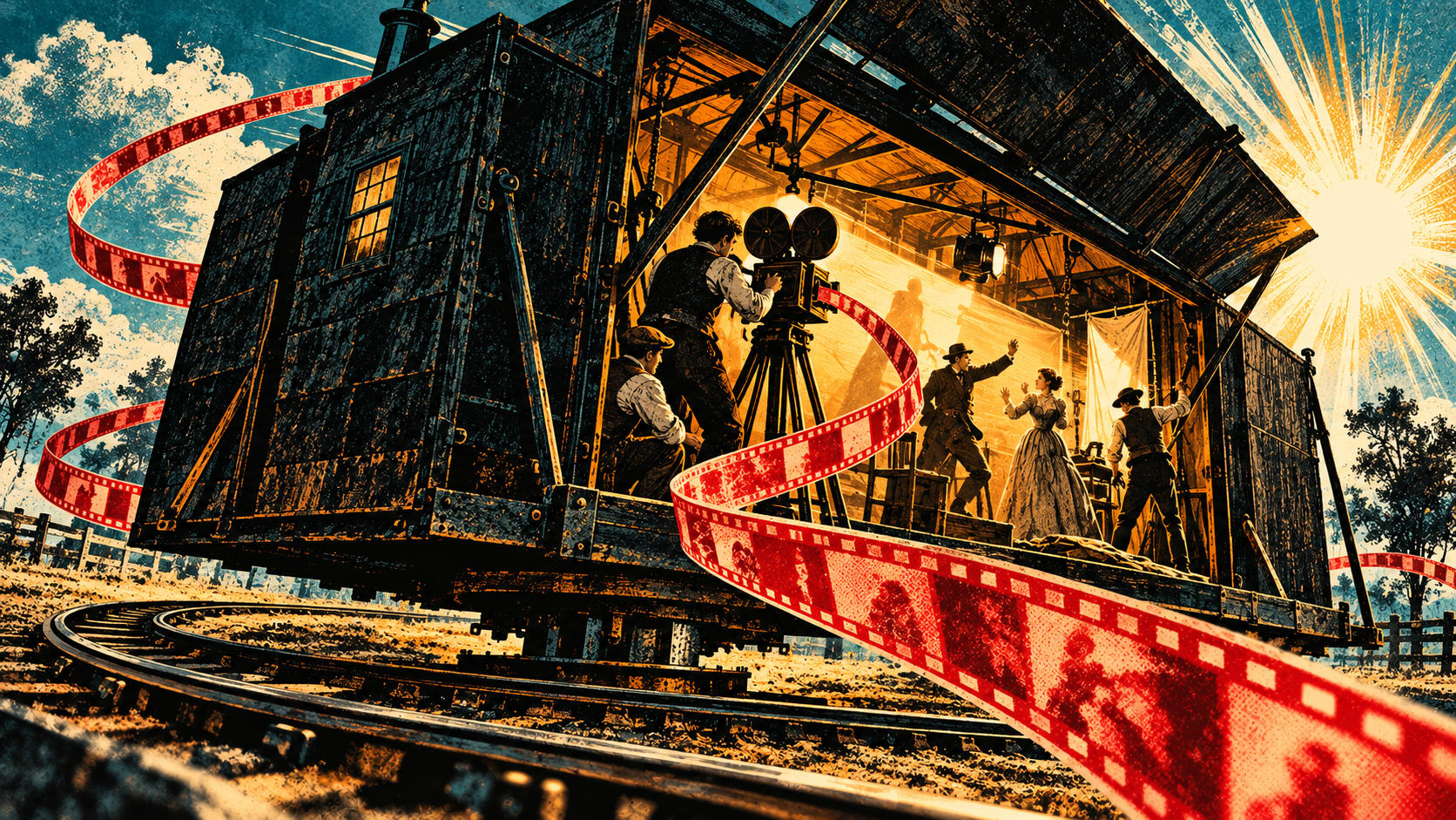 Edison’s Black Maria film studio rotates towards the sun while a film crew records performers inside.