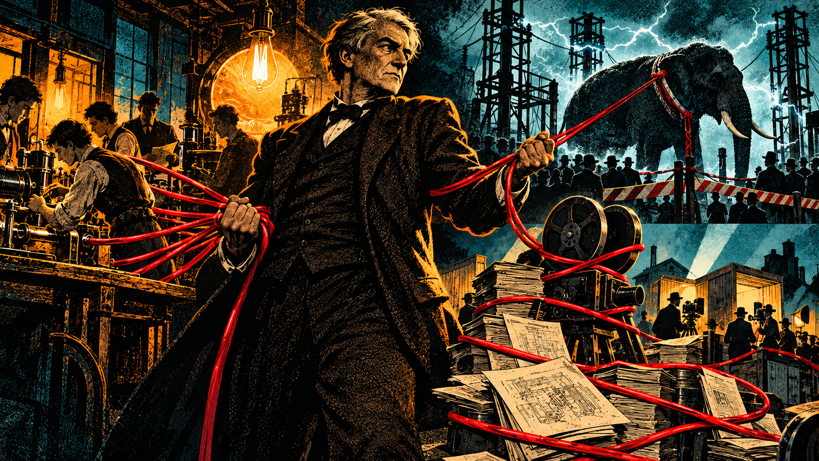 Thomas Edison grips red cables connecting laboratory workers, an elephant and film patents, symbolising his controversies