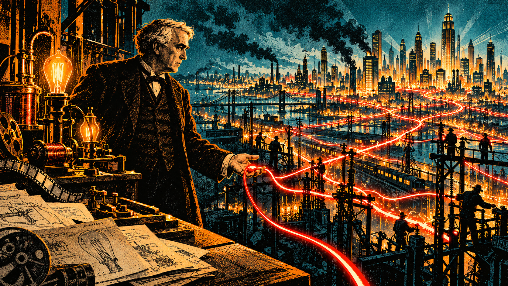 Thomas Edison watches an electric network spread beyond his control across a brightly illuminated industrial city.