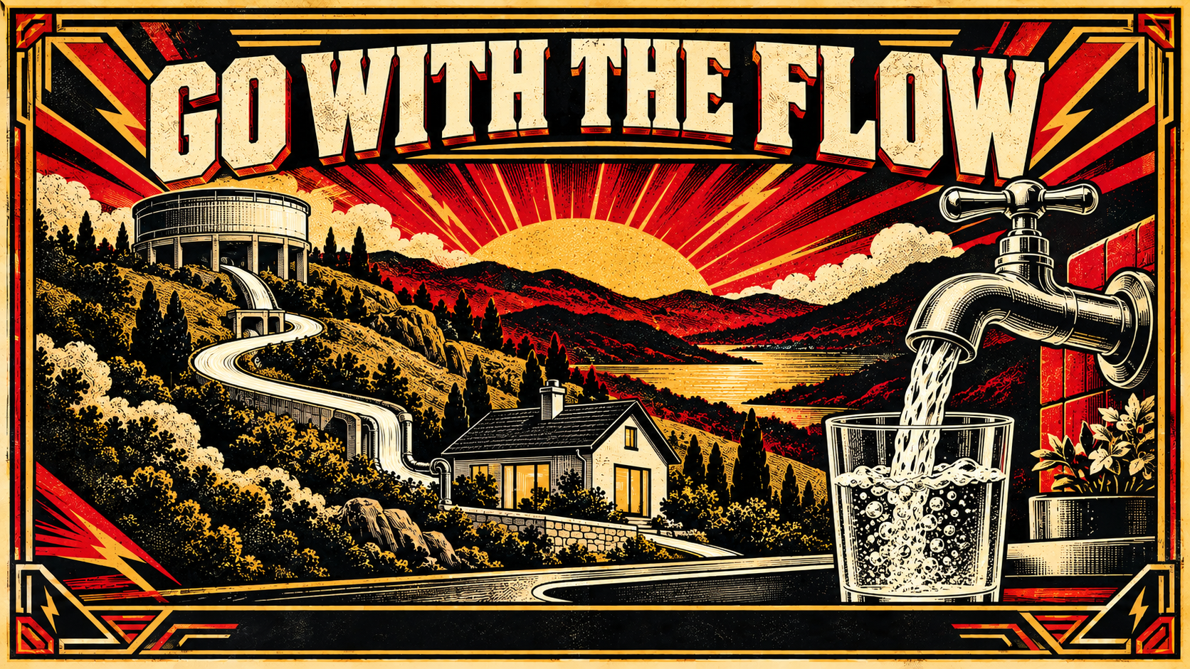 Poster-style illustration of an elevated reservoir supplying a kitchen tap, with water flowing into a glass.