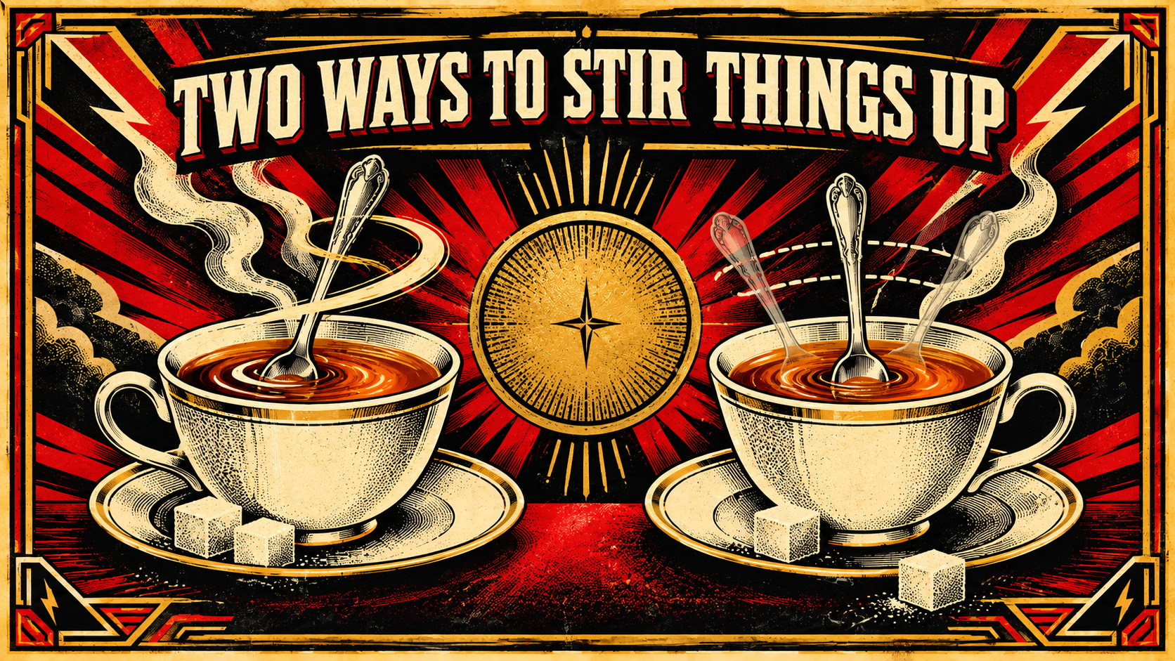 Two cups of tea with spoons illustrating one-direction and back-and-forth stirring as an analogy for DC and AC.