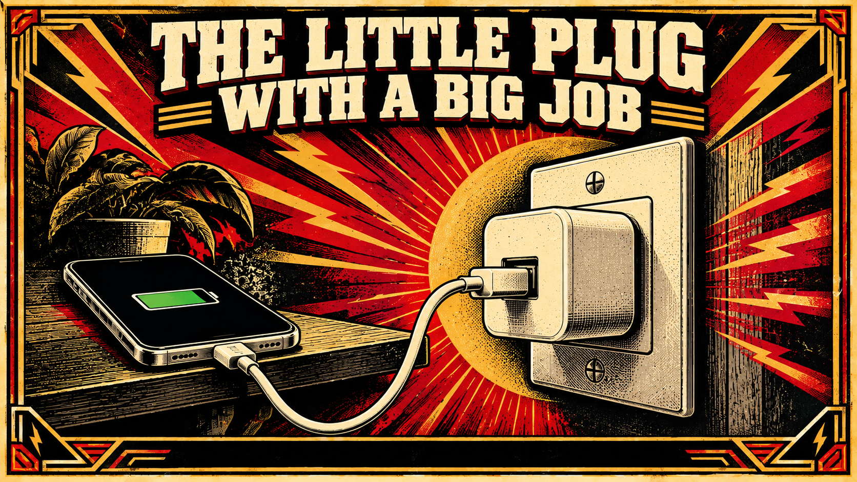 A USB charging plug in a wall socket connected to a phone, highlighting where mains AC is converted into DC.