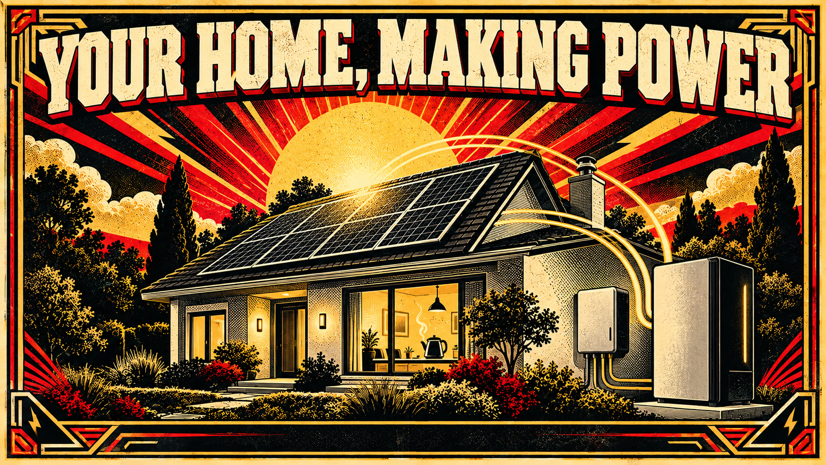 A home with rooftop solar panels, a home battery and a wall-mounted inverter supplying everyday household electricity.