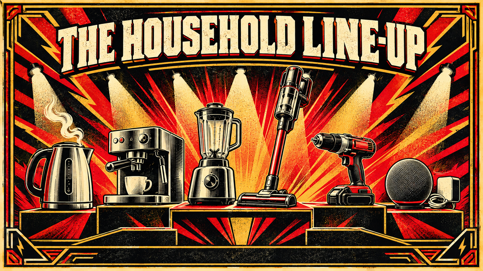 Household appliance line-up featuring a kettle, coffee machine, blender, cordless vacuum, battery drill and smart speaker with its power adaptor.