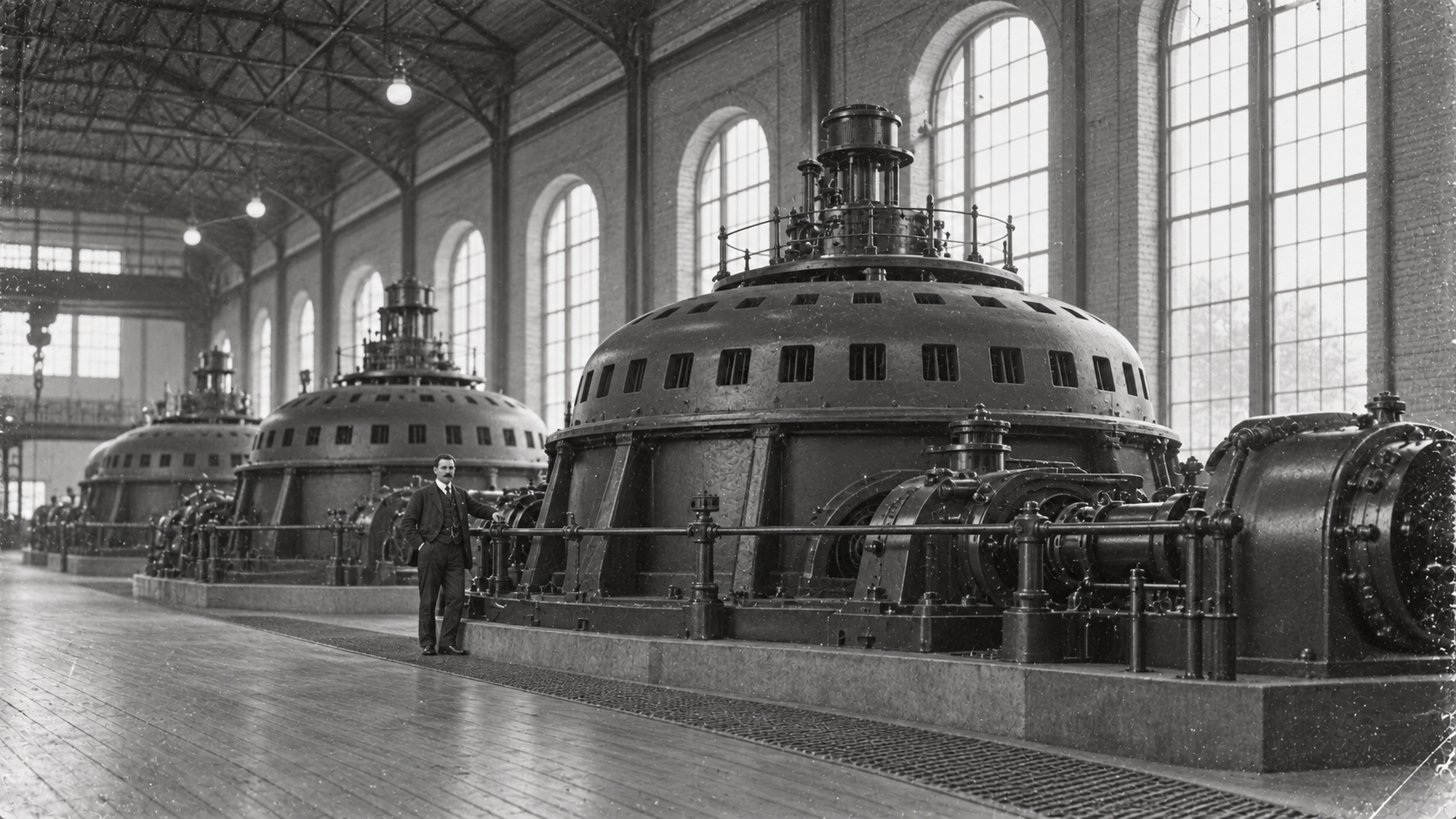 An engineer stands beside the large generators inside the Niagara Falls power station, where AC electricity was produced