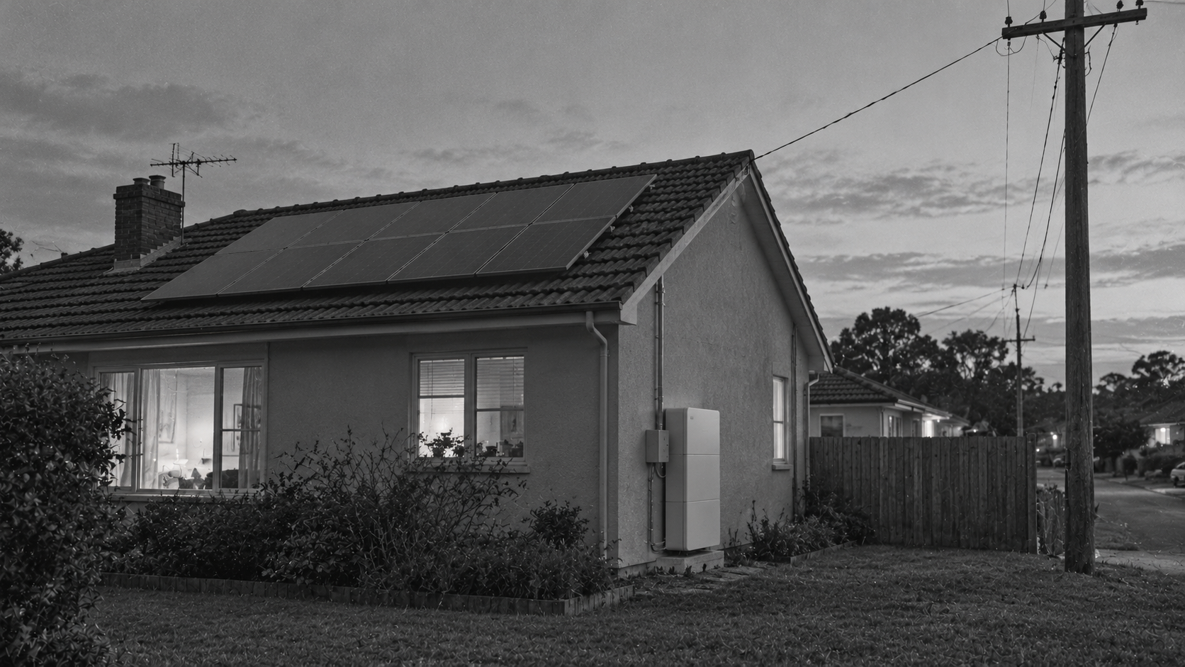 	A modern home with rooftop solar panels and battery storage, showing how DC generation works alongside the AC electricity network.