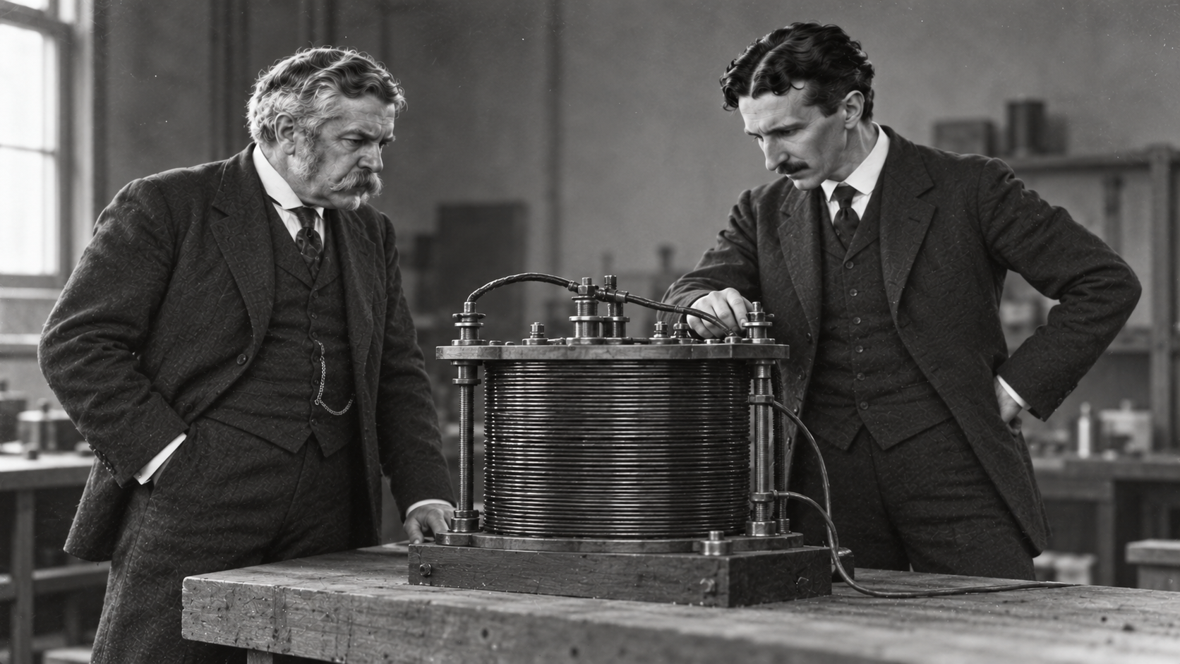 	George Westinghouse and Nikola Tesla examine electrical equipment in a workshop as they develop an AC power system.