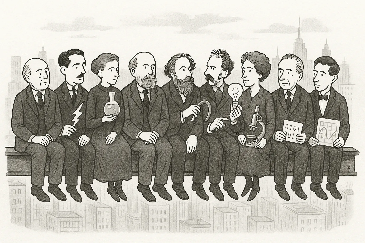 Faraday, Tesla, Curie, Edison, Lovelace, Shannon, Turing, and Volta—sitting on a steel girder high above a city, each holding symbols of their discoveries