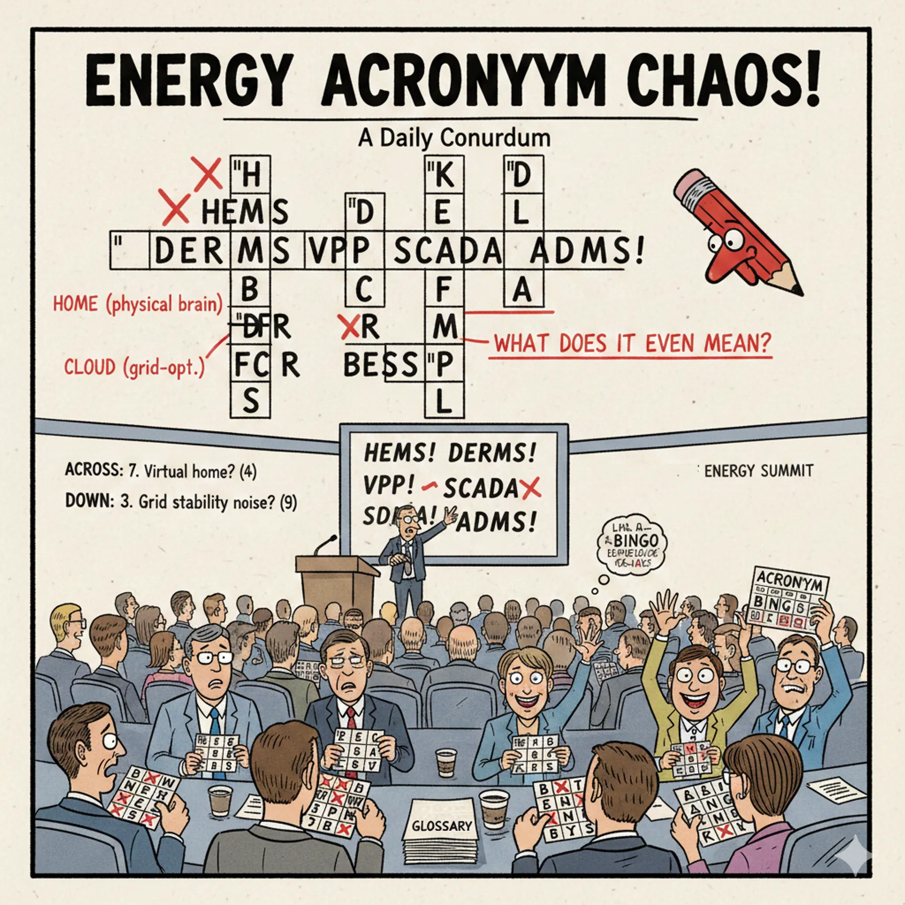 Satirical cartoon of an energy conference where attendees play acronym bingo as slides reference HEMS, DERMS, VPP, SCADA, and ADMS.