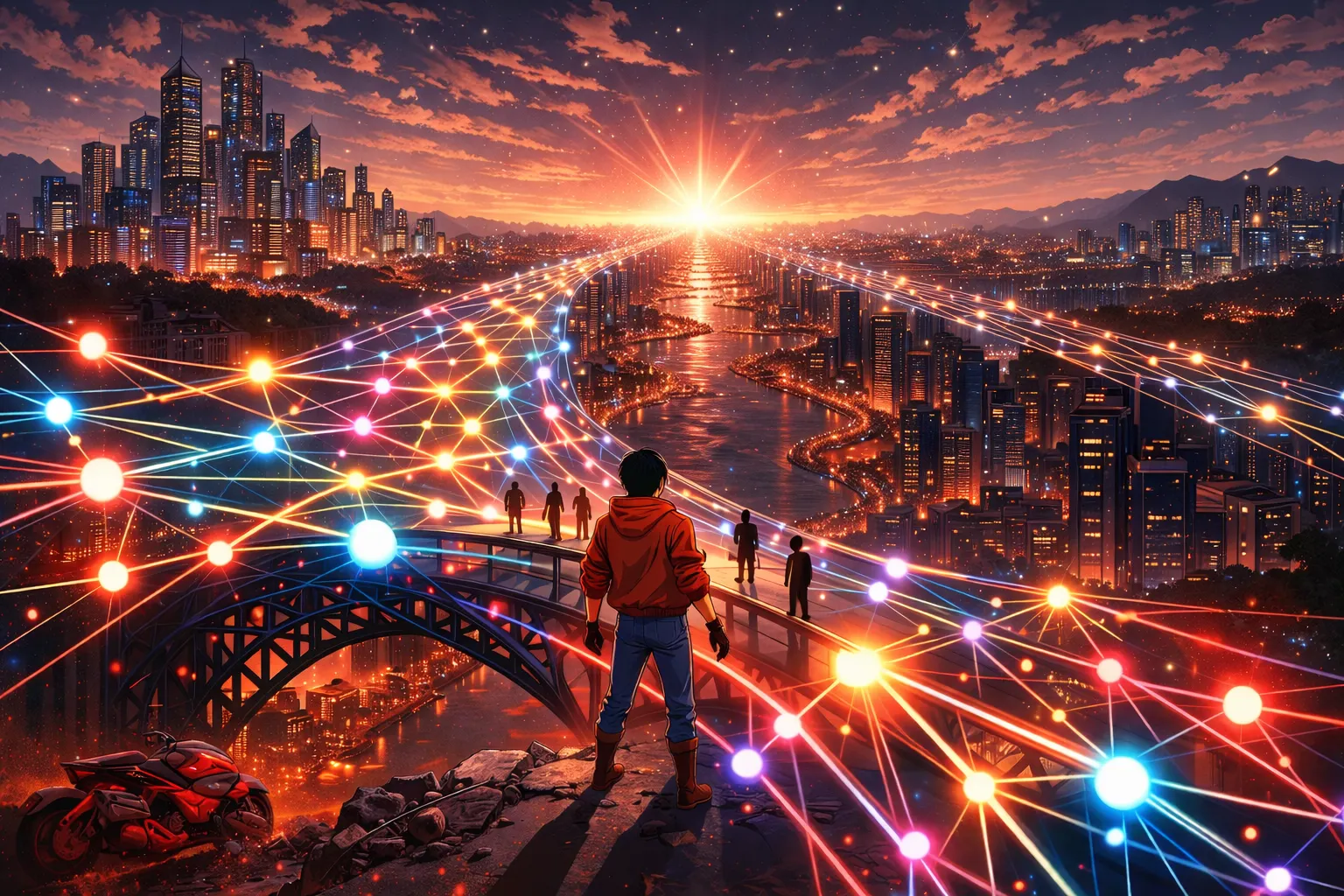 Futuristic cityscape connected by glowing network lines symbolizing the power of weak ties and social connections