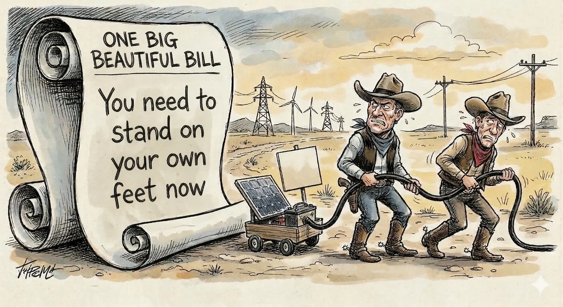 Editorial cartoon of Texas cowboys struggling with solar and battery cables beside a giant “One Big Beautiful Bill” document.