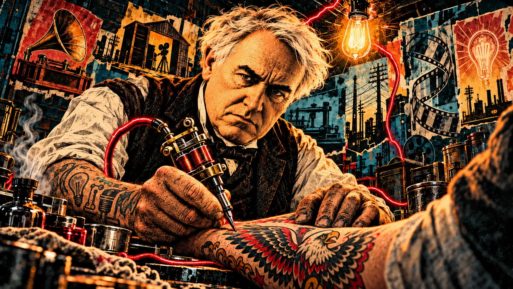 Thomas Edison tattooing a client beneath a flickering light bulb, surrounded by film, phonograph and electrical inventions.