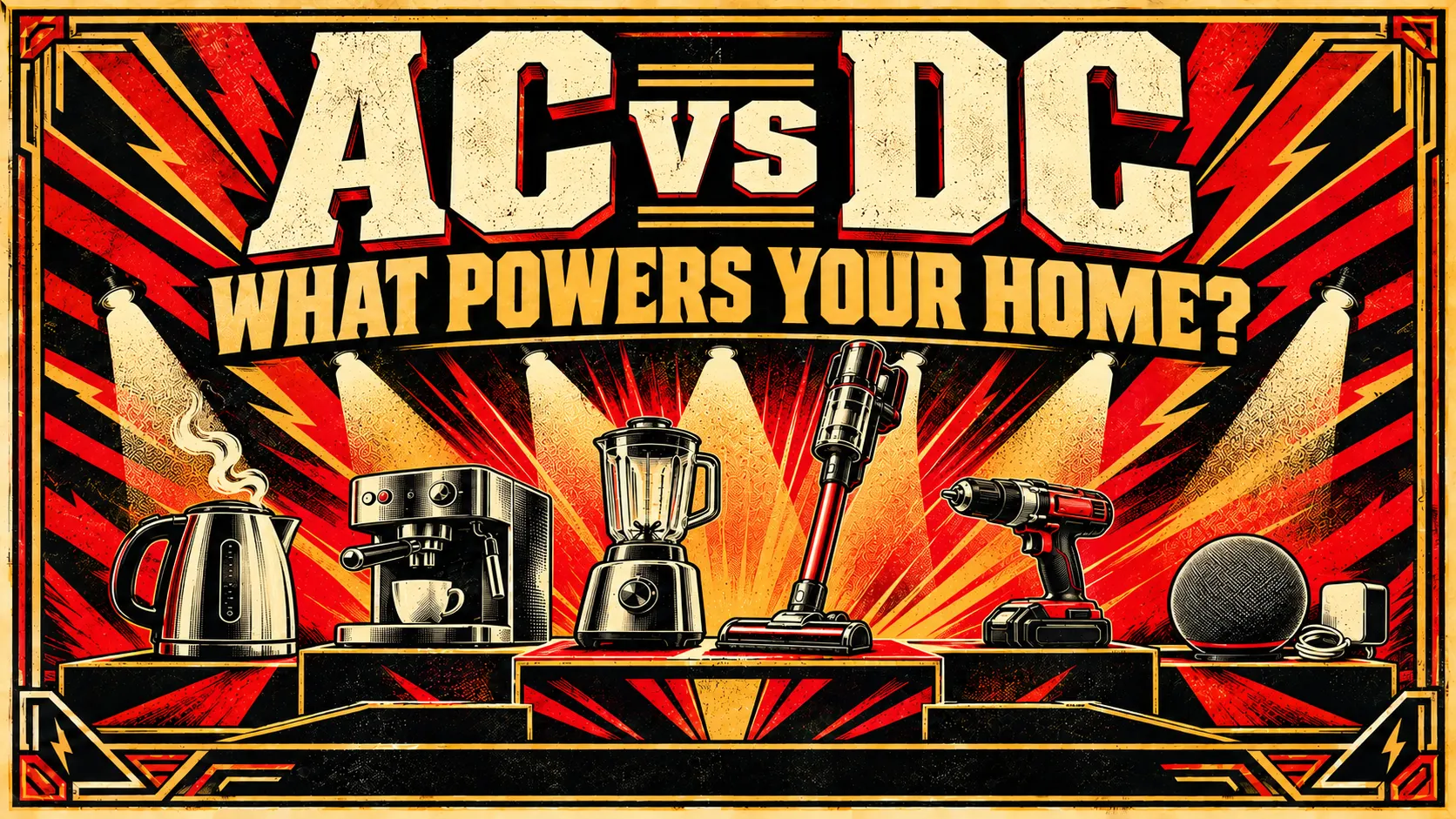 AC vs DC poster featuring a kettle, coffee machine, blender, cordless vacuum, drill and smart speaker beneath “What powers your home?”