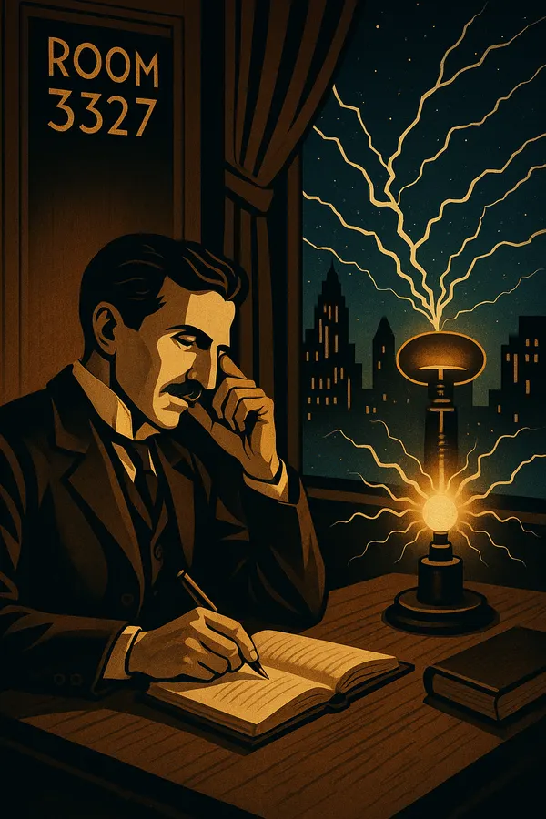 Retro-style illustration of Nikola Tesla at his workbench surrounded by sketches and early experiments on wireless power