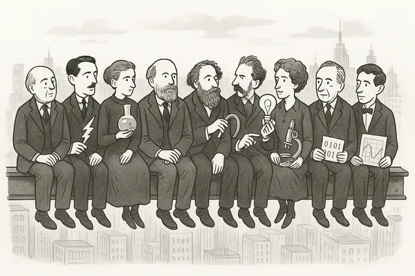 Faraday, Tesla, Curie, Edison, Lovelace, Shannon, Turing, and Volta—sitting on a steel girder high above a city, each holding symbols of their discoveries
