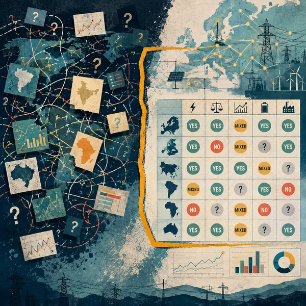 Editorial illustration showing chaotic AI research becoming a structured electricity-market analysis after clear boundaries are applied.
