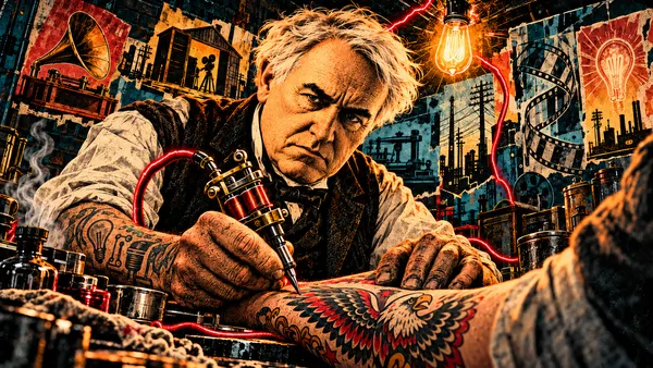 Thomas Edison tattooing a client beneath a flickering light bulb, surrounded by film, phonograph and electrical inventions.