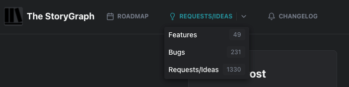 Heading of The Storygraph Roadmap. The dropdown box under 'Requet/Ideas' is displaying 49 features, 231 bugs and 1330 requests/ideas.