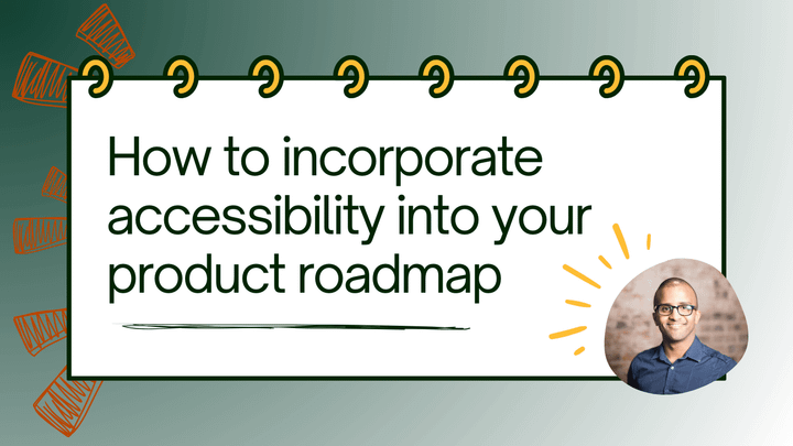 Illustrated notepad with the title "how to incorporate accessibility into your product roadmap". A headshot of Ahmed Khalifa is on the bottom right hand corner.