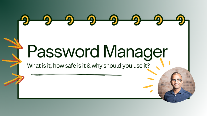 Illustrated notepad with the title "Password manager. What is it, how safe is it, and why should you use it?". A headshot of Ahmed Khalifa is on the bottom right hand corner.