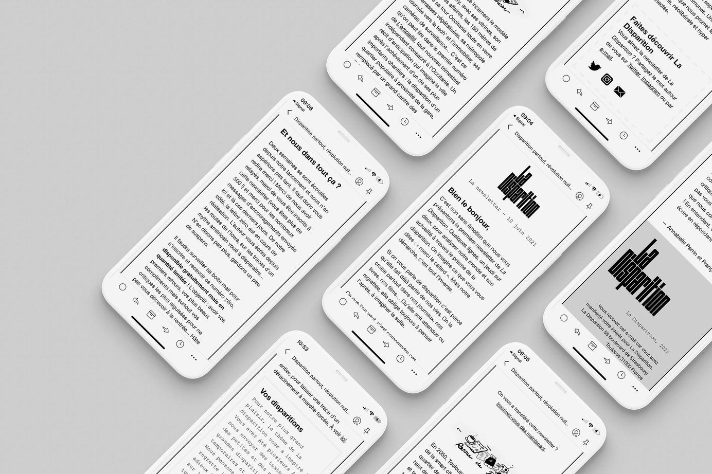 Visualisation de téléphones sur lesquels s'affiche la newsletter du média épistolaire La Disparition