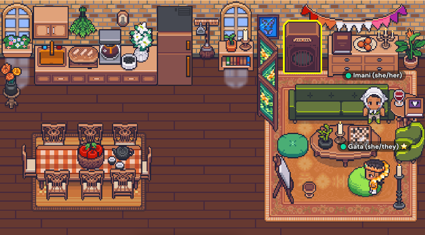 A living room with brown floorboards, a brown rug, a dinner area, and kitchen. Two avatars sitting near each other