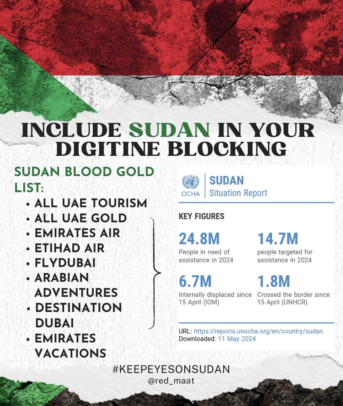 Green, Red and White background urging folks to include Sudan in digitine blocking