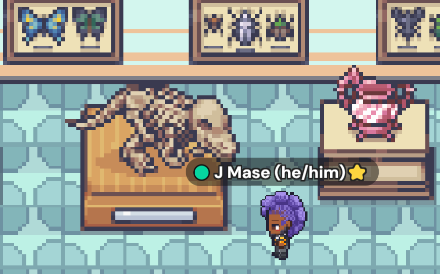 J Mase's avatar stares down a mighty mighty dinosaur bones.