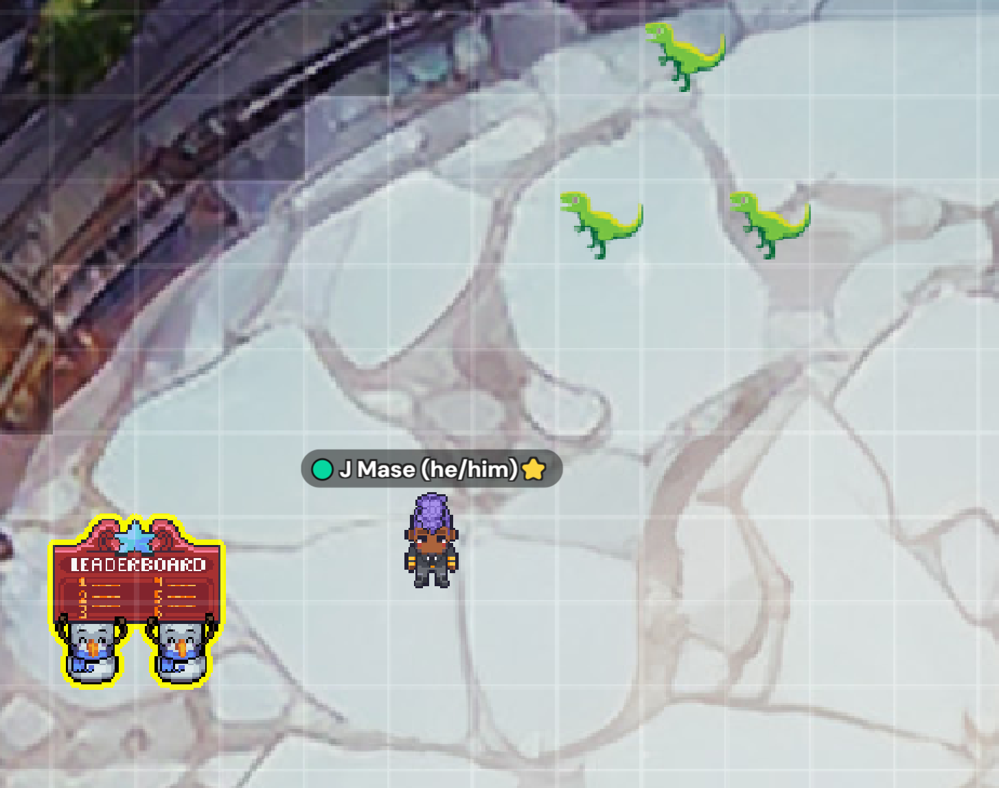 A marbled floor, with a red leaderboard sign to the left. Top right of the screen has three green Tyrannosaurs Rexes.